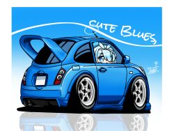  1girl :o arona_(blue_archive) blue_archive blue_background blue_car blue_eyes blue_hair car commentary_request english_text gradient_background hair_over_one_eye hair_ribbon hairband halo highres motor_vehicle nissan nissan_micra parted_lips reflection ribbon signature solo tomimon white_background white_hairband white_ribbon 