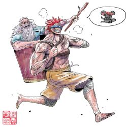  2boys amputee artist_logo bandaged_knees bandaid bandaid_on_arm bandaid_on_leg barefoot basket beard blue_shirt carrying carrying_person cholent_conmen english_commentary eustass_kid facial_hair head_bump highres holding holding_stick logo long_beard long_hair male_focus mouse_(animal) multiple_boys muscular muscular_male one_piece open_mouth red_hair running scar scar_on_chest scar_on_face scopper_gaban shanks_(one_piece) shirt short_hair shorts simple_background smile speech_bubble stick sunglasses topless_male white_background white_hair yellow_shorts 