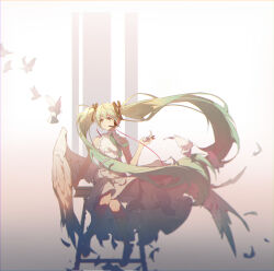  1girl absurdres alternate_costume aqua_necktie arm_at_side arm_support bare_arms bench bird black_ribbon blurry_edges closed_mouth collared_dress dot_nose dress empire_waist eyelashes facing_viewer falling_feathers feathers flat_chest floating_hair flock frilled_dress frills full_body green_eyes green_hair hair_between_eyes hair_ribbon hand_up happy hatsune_miku headset highres holding holding_feather knees_together_feet_apart light_particles long_dress long_hair looking_afar necktie on_bench ribbon sepia sidelighting sidelocks simple_background sitting sleeveless sleeveless_dress smile solo songnone striped_ribbon tareme thick_eyelashes twintails vertical-striped_ribbon very_long_hair vocaloid warm_colored white_background white_bird white_dress white_feathers 