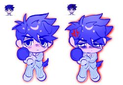  1boy anger_vein angry antenna_hair bags_under_eyes blue_pants blue_shirt chibi chibi_only closed_mouth colored_skin commentary_request dog_tail dot_nose double-parted_bangs film_grain frown frying_pan full_body game_screenshot_inset hair_between_eyes half-closed_eyes hero_(headspace)_(omori) hero_(omori) holding holding_frying_pan long_sleeves looking_at_viewer lyuz_(justtoseemeplea) male_focus multiple_views official_art_inset omori outline pajamas pants pink_skin purple_hair purple_tail red_outline reference_inset shirt short_hair simple_background sparkle standing striped_clothes striped_pajamas striped_pants striped_shirt tail two-tone_pants two-tone_shirt v-shaped_eyebrows vertical-striped_clothes vertical-striped_pajamas vertical-striped_pants vertical-striped_shirt very_short_hair white_background white_eyes white_pants white_shirt 