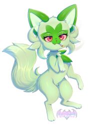  1other :3 absurdres animal_ears animal_feet animal_hands cat_ears cat_tail colored_sclera commentary digitigrade drugs english_commentary fangs full_body furry green_fur highres joint_(drug) kitsuumi looking_at_viewer marijuana other_focus pawpads personification pokemon pokemon_(creature) red_eyes red_sclera simple_background smile smoke smoking solo sprigatito standing standing_on_one_leg stoned tail variant_set white_background 