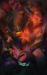  1boy 1other absurdres alien armor assault_visor battle ben_10 ben_10:_ultimate_alien character_request clenched_hand clenched_teeth colored_teeth enagatori_38 english_text firing green_eyes helmet highres humungousaur male_focus muscular no_humans punching red_theme signature spiked_helmet teeth ultimate_humungousaur weapon yellow_teeth 