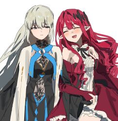  2girls absurdres baobhan_sith_(fate) baobhan_sith_(first_ascension)_(fate) black_dress blue_eyes blush closed_eyes dress fate/grand_order fate_(series) fgo_gwa hair_between_eyes highres long_hair morgan_le_fay_(fate) morgan_le_fay_(queen_of_winter)_(fate) mother_and_daughter multiple_girls open_mouth pink_hair pointy_ears ponytail sharp_teeth smile spikes teeth two-tone_dress very_long_hair white_background white_hair 