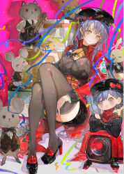  1girl black_hair black_hat black_skirt bow breasts brown_eyes brown_thighhighs dinergate_(girls&#039;_frontline) girls&#039;_frontline_2:_exilium girls&#039;_frontline_neural_cloud girls_frontline hat high_heels highres lewis_(girls&#039;_frontline) lewis_(neural_cloud) puppet qi_du_tiantian_xiang_xingyun sitting skirt thigh-highs 