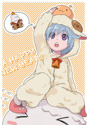  >_< 1boy :3 animal_costume bell blue_hair drops_(ragnarok_online) food fruit full_body happy_new_year kagami_mochi male_focus mandarin_orange open_mouth orange_background polka_dot polka_dot_background ragnarok_online sheep_costume short_hair slime_(creature) solo susukinohukurou violet_eyes 