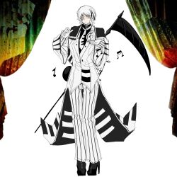  1girl black_shirt black_shoes blue_eyes closed_mouth coattails conductor_baton da_capo_(e.g.o) e.g.o_(project_moon) faust_(project_moon) full_body highres jacket limbus_company long_sleeves looking_at_viewer luoyerrrrr necktie pants project_moon scythe shirt shoes short_hair simple_background solo standing vest white_background white_hair white_jacket white_necktie white_pants white_vest 