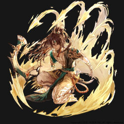  1boy absurdres armor arrow_(projectile) belt black_shirt bow_(weapon) brown_eyes brown_hair commentary dark-skinned_male dark_skin earrings ezu_(leejiyu) full_body gem gloves gold_armor gold_diadem gold_trim green_belt green_gemstone green_sash highres holding holding_bow_(weapon) holding_weapon jewelry king&#039;s_raid light_frown long_hair magic official_art pants ponytail red_gemstone sand sash scimitar shirt shoulder_armor solo sword tassel tassel_earrings very_long_hair weapon white_gloves white_pants white_shirt zafir_(king&#039;s_raid) 