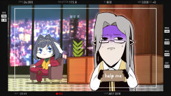  1boy 1girl absurdres batman_(series) black_eyes black_gloves black_vest blue_eyes blue_hair brown_shoes building camera_pov chain chain_headband chair chibi city clown cosplay crossed_legs dc_comics desk english_text fangs fern gloom_(expression) gloves glowing grey_hair hair_intakes highres holding holding_sign hololive jitome joker_(2019) joker_(dc) joker_(dc)_(cosplay) long_hair long_sleeves looking_at_another makeup medium_hair minchi_(anda) nervous_sweating night night_sky noir_vesper noir_vesper_(old_design) on_chair ouro_kronii plant pointy_ears recording red_suit shirt shoes sign sitting sky skyscraper suit sweat vampire veil vest viewfinder white_shirt white_veil window wooden_desk yellow_vest 