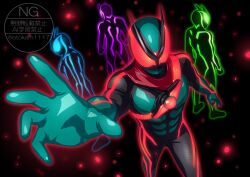  4boys absurdres antennae armor belt black_bodysuit bodysuit bug compound_eyes gloves glowing glowing_eyes grasshopper green_armor green_gloves helmet highres kamen_rider kamen_rider_zeztz kamen_rider_zeztz_(series) multiple_boys otokamu outstretched_arm rider_belt zeztz_driver 