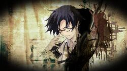  1boy adam&#039;s_apple adjusting_eyewear black_jacket blue_eyes blue_hair chaos;child d-sword dress_shirt fingernails frown furrowed_brow game_cg glasses hekiho_academy_school_uniform highres jacket loose_necktie male_focus miyashiro_takuru necktie official_art official_wallpaper open_collar sasaki_mutsumi school_uniform science_adventure serious shiny_eyes shirt short_hair solo sword weapon white_shirt 