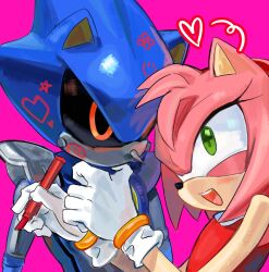  1boy 1girl amy_rose black_sclera blush colored_sclera drawing_on_another&#039;s_face furry furry_female gloves green_eyes heart hedgehog_girl highres humanoid_robot marker mechanical_arms metal_sonic n_jiujiu99 open_mouth pink_background pointy_nose red_eyes robot smile sonic_(series) 