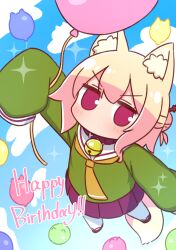 1girl animal_ear_fluff animal_ears balloon bell blonde_hair blush collar commentary flat_chest fox_ears fox_girl fox_tail green_shirt hair_bun happy_birthday highres jingle_bell jitome kemomimi-chan_(naga_u) long_sleeves looking_at_viewer miniskirt monkey_girl naga_u neck_bell necktie no_mouth original pleated_skirt purple_collar purple_skirt sailor_collar shirt skirt sleeves_past_fingers sleeves_past_wrists solo tail thigh-highs v-shaped_eyebrows violet_eyes white_sailor_collar white_thighhighs yellow_necktie