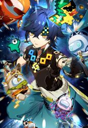  1boy 5girls ajaw_(genshin_impact) among_us animal_ears arm_tattoo bandana black_gloves black_hair black_shirt blue_pants cha_hanare chinchilla_ears citlali_(genshin_impact) clothes_around_waist crewmate_(among_us) crossed_bangs crossover earrings earth_(planet) english_commentary floating_headgear genshin_impact gloves green_bandana green_eyes green_hair green_headband hair_between_eyes headband headgear highres iansan_(genshin_impact) jewelry kachina_(genshin_impact) kinich_(genshin_impact) looking_at_viewer male_focus mavuika_(genshin_impact) mualani_(genshin_impact) multicolored_eyes multicolored_hair multiple_girls orange_eyes outdoors outstretched_arm pants parted_bangs parted_lips planet reaching reaching_towards_viewer shirt short_hair short_sleeves skull_on_head space star_(sky) streaked_hair sunglasses tattoo two-tone_eyes white_visor zipper 