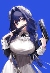  1girl :q absurdres adarin apron black_dress blue_background blue_eyes blue_hair blush braid breasts bright_pupils desert_eagle dress dual_wielding embroidery gun hair_intakes hair_ribbon handgun hashtag-only_commentary hat highres holding holding_gun holding_weapon hololive hololive_english large_breasts long_hair long_sleeves looking_at_viewer low_twin_braids maid maid_apron mob_cap official_alternate_costume official_alternate_hairstyle ouro_kronii ouro_kronii_(maid) ribbon simple_background solo star_(symbol) tongue tongue_out trigger_discipline twin_braids upper_body very_long_hair victorian_maid virtual_youtuber weapon white_apron white_hat white_pupils white_ribbon 