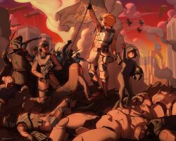  3others 4boys 4girls absurdres ar-23_liberator armor assault_rifle bandaged_arm bandages black_gloves black_hat bolt_action bullpup city combat_helmet corpse fine_art_parody flag gloves goggles gun hat helldiver_(helldivers) helldivers_(series) helmet highres holding holding_flag holding_gun holding_sword holding_unworn_helmet holding_weapon illuminate_(helldivers) knee_pads liberty_leading_the_people long_hair looking_at_another multiple_boys multiple_girls multiple_others parody peaked_cap pile_of_corpses plate_armor red_sky revolver rifle seaf_soldier_(helldivers) short_hair sky smoke spacecraft super_earth_salute_(helldivers) sword torn_sleeve unworn_headwear unworn_helmet weapon xanran 
