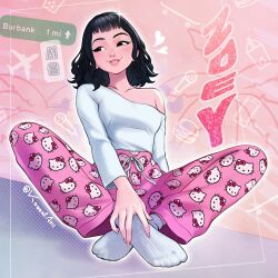  1girl absurdres hair_down heart hello_kitty_(character) highres knees_apart_feet_together konomidraws kpop_demon_hunters long_sleeves looking_to_the_side off-shoulder_shirt off_shoulder pajamas pants pink_pajamas pink_pants shirt short_bangs short_hair sitting smile socks solo teeth upper_teeth_only white_socks zoey_(kpop_demon_hunters) 