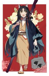  1girl :d absurdres akiyama-mon animal_ears arknights bitey_(arknights) black_hair border brown_sash chinese_commentary commentary_request dated floral_background flower flying_sweatdrops food full_body hair_ribbon haori highres holding holding_food japanese_clothes kimono long_hair long_sleeves looking_to_the_side open_clothes open_mouth outside_border parted_bangs red_background red_ribbon ribbon saga_(arknights) sandals scarf sideways_glance smile solo standing very_long_hair white_border white_scarf wide_sleeves yellow_eyes yellow_flower yellow_kimono yellow_sandals 