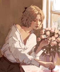  1girl albedo_(genshin_impact) blonde_hair blouse bouquet bow brown_eyes cowboy_shot curly_hair ecler_ecler flower genshin_impact hair_bow highres holding holding_paintbrush leaning_to_the_side paintbrush painterly partially_unbuttoned pink_flower pink_rose rose shirt single_off_shoulder smile solo white_shirt window window_light windowsill 