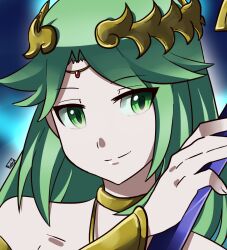  1girl artist_logo circlet green_eyes green_hair kid_icarus kid_icarus_uprising logo looking_at_viewer palutena rocketharuka smile solo upper_body 