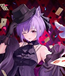  1girl ;p absurdres animal_ear_fluff animal_ears argyle_background arknights ascot bang_dream! bang_dream!_it&#039;s_mygo!!!!! bare_shoulders bird black_ascot black_gloves black_hat breasts card cat_ears cat_girl chinese_commentary closed_mouth commentary_request confetti dove feather_boa floating_card gloves hand_on_headwear hand_up hat heart highres kemonomimi_mode large_breasts lipstick_mark looking_at_viewer magician one_eye_closed playing_card purple_hair short_hair smile solo tongue tongue_out upper_body violet_eyes xiongji_z_z yuutenji_nyamu yuutenji_nyamu_(magician_of_passion) 
