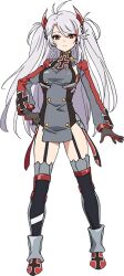  1girl anime_coloring antenna_hair azur_lane black_garter_straps black_thighhighs blush breasts closed_mouth cross dress full_body garter_straps gloves grey_dress grey_gloves hand_on_own_hip horns iron_cross large_breasts long_hair long_sleeves looking_at_viewer official_art ogiwara_rokou open_hand outstretched_arm prinz_eugen_(azur_lane) red_eyes red_horns red_shoes shoes simple_background smile solo spread_fingers standing tachi-e thigh-highs thighs transparent_background two-tone_dress two_side_up very_long_hair white_hair 