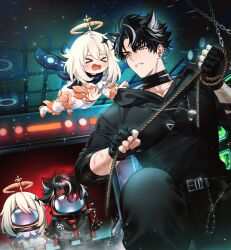  &gt;_&lt; 1boy 1girl 2others among_us bandaged_neck bandages belt black_gloves black_hair black_hood black_pants black_shirt blush cosplay crewmate_(among_us) crewmate_(among_us)_(cosplay) dress earrings fingerless_gloves genshin_impact gloves hair_between_eyes hair_ornament halo highres jewelry long_sleeves medium_hair multicolored_hair multiple_others onegingek open_mouth paimon_(genshin_impact) paimon_(genshin_impact)_(cosplay) pants scar shirt short_hair streaked_hair white_dress white_hair wriothesley_(genshin_impact) 