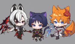  1girl 2boys animal_ears arlecchino_(genshin_impact) armor black_boots black_eyes black_gloves black_hair black_hands black_kimono black_pants black_sandals black_shoes black_shorts black_sleeve_cuffs black_sleeves black_vest blue_eyes blunt_ends blush boots bow_(weapon) cat_boy cat_ears cat_tail chibi closed_mouth coat colored_extremities crimson_moon&#039;s_semblance_(genshin_impact) ebinu2215 empty_eyes eyeliner eyeshadow fang fox_boy fox_ears fox_tail frilled_pants frilled_sleeves frills full_body furisode genshin_impact gloves gold gold_trim grey_background grey_coat grey_sleeves hair_between_eyes half_gloves hand_on_own_hip hand_up high_heels highres holding holding_bow_(weapon) holding_scythe holding_weapon japanese_armor japanese_clothes jewelry juban kimono kote kurokote lapels layered_shorts layered_sleeves looking_at_viewer low_ponytail makeup mask mask_on_head mitsudomoe_(shape) multicolored_hair multiple_boys neck_ring o-ring open_clothes open_coat open_mouth orange_hair pants polar_star_(genshin_impact) ponytail purple_hair purple_rope purple_sash purple_sleeves rabbit_ears rabbit_girl rabbit_tail red_eyeliner red_eyeshadow red_hair red_kimono red_mask red_pupils red_sash red_scarf rope sandals sash scaramouche_(genshin_impact) scarf scythe shimenawa shoes short_sleeves shorts streaked_hair striped_coat striped_sleeves symbol-shaped_pupils tail tartaglia_(genshin_impact) tassel tomoe_(symbol) tongue tongue_out tsurime vest violet_eyes weapon white_coat white_hair white_kimono white_rope white_sleeves wispy_bangs x-shaped_pupils zouri 
