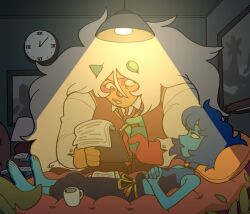  2girls alternate_costume broken_horn colored_skin discount-supervillain gem green_horns highres horns jasper_(post-corruption)_(steven_universe) jasper_(species)_(steven_universe) jasper_(steven_universe) lapis_lazuli_(species)_(steven_universe) lapis_lazuli_(steven_universe) long_hair multiple_girls muscular muscular_female open_mouth orange_skin steven_universe steven_universe:_future striped_skin very_long_hair white_hair yellow_eyes 