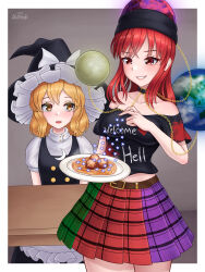  2girls absurdres apron artist_name bare_shoulders belt black_choker black_dress black_hat black_shirt blonde_hair blush border bow breasts brown_belt buttons chain choker clothes_writing collarbone cowboy_shot crescent crescent_pin danmaku dated dress earth_(ornament) english_commentary food frills gold_chain green_skirt grey_background grummsed hair_between_eyes hands_up hat hat_bow heart heart_print hecatia_lapislazuli highres holding holding_plate kanmarisa_(meme) kirisame_marisa looking_at_another looking_at_food looking_down meatball medium_breasts medium_hair meme moon_(ornament) multicolored_skirt multiple_girls off-shoulder_shirt off_shoulder open_mouth outside_border pasta pinafore_dress pink_lips plaid_clothes plaid_skirt plate puffy_short_sleeves puffy_sleeves purple_skirt red_eyes red_hair red_skirt shirt short_hair short_sleeves sidelocks simple_background sitting skirt sleeveless sleeveless_dress smile spaghetti standing star_(symbol) t-shirt table teeth touhou turtleneck turtleneck_shirt underworld_(ornament) white_apron white_border white_bow white_shirt witch_hat yellow_eyes 