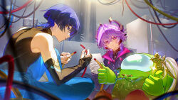  1girl 2boys among_us bare_shoulders blue_eyes blue_hair cable closed_mouth cosplay crewmate_(among_us) crossed_bangs crossover dragon_horns elbow_gloves genshin_impact gloves hair_between_eyes highres holding holding_cable horns indoors looking_at_another medium_hair mini_durin_(genshin_impact) mini_durin_(human)_(genshin_impact) multiple_boys nahida_(genshin_impact) nahida_(genshin_impact)_(cosplay) parted_lips purple_hair red_eyes scaramouche_(genshin_impact) sitting thumbs_up tomanattsu turtleneck violet_eyes wanderer_(genshin_impact) 