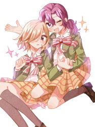  2girls :o ;d aoyagi_hajime blazer blonde_hair blurry blush bokeh bow bowtie brown_eyes brown_shoes collared_shirt curtained_hair depth_of_field film_grain floating floating_clothes full_body genderswap genderswap_(mtf) green_jacket grey_socks hair_between_eyes hair_over_one_eye highres holding_hands jacket kneehighs loafers long_hair looking_at_viewer low_ponytail medium_hair miniskirt mofulove_cocoa multiple_girls one_eye_closed open_clothes open_hand open_jacket open_mouth parted_bangs parted_hair plaid_clothes plaid_skirt ponytail purple_hair red_bow red_bowtie school_uniform shirt shoes simple_background skirt smile socks sparkle striped_bow striped_bowtie striped_clothes teshima_junta violet_eyes wavy_hair white_background white_shirt yellow_shirt yowamushi_pedal 