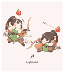  3girls apple arrow_(symbol) belt belt_buckle black_belt black_boots black_eyes black_hair blonde_hair boots bow_(weapon) brown_background buckle chibi cloak commentary_request detached_pants food fruit highres holding holding_bow_(weapon) holding_weapon hood hood_down hooded_cloak kozato_(yu_kozato) little_blonde_girl_(kozato) long_hair multiple_girls original ponytail puffy_short_sleeves puffy_sleeves quiver sagittarius_(symbol) sagittarius_(zodiac) shirt short_sleeves siblings simple_background sisters suction-cup_arrow tunic twins very_long_hair weapon white_cloak white_shirt william_tell_(legend) zodiac 