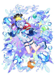  1girl :d among_us astronaut blue_eyes crab crewmate_(among_us) english_commentary full_body furina_(genshin_impact) genshin_impact helmet highres kyusoukyu orange_(among_us) red_(among_us) short_hair sleeves_past_wrists smile solo space_helmet water white_background white_hair 