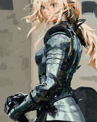  1girl armor blonde_hair breastplate brown_eyes couter elf from_behind full_armor gloves highres holding knight long_hair looking_at_viewer looking_back low_ponytail messy_hair open_mouth original outdoors pauldrons pluvium_grandis pointy_ears ponytail shoulder_armor solo spiked_couter sword weapon 