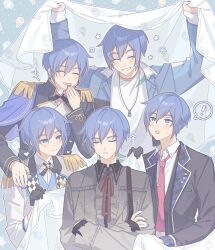  ! +++ 25-ji_kaito 5boys ^_^ akii_0915 arms_up black_gloves black_jacket blanket blue_cape blue_eyes blue_hair blue_jacket breast_pocket buttons cape checkered_clothes closed_eyes collared_jacket collared_shirt commentary_request crew_neck crossed_arms dot_nose dotted_background double-breasted double-parted_bangs epaulettes gloves grey_jacket grey_shirt grin hair_between_eyes hand_on_another&#039;s_shoulder highres holding holding_blanket ice_cream_cone jacket jewelry kaito_(vocaloid) lapels laughing leo/need_kaito long_sleeves looking_at_another looking_up male_focus more_more_jump!_kaito multiple_boys multiple_persona necklace necktie nervous_sweating open_clothes open_collar open_jacket plaid_clothes pocket project_sekai red_necktie sailor_collar shirt side_cape sleeping smile speech_bubble spoken_exclamation_mark sweat t-shirt teeth torn_clothes torn_sleeves vivid_bad_squad_kaito vocaloid white_shirt wing_collar wonderlands_x_showtime_kaito zzz 