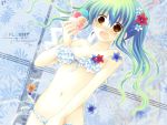  bikini chronolog flat_chest flower frills highres long_hair sakurazawa_izumi swimsuit wallpaper wardrobe_malfunction 