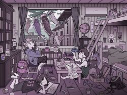  1girl 2boys absurdly_detailed_composition air_conditioner animal armor bag bandaid bandaid_on_cheek bandaid_on_face bed book bookshelf bunk_bed butterfly_hair_ornament cat cd chair charging_device child controller dog eating eraser game_controller gloves hair_ornament head_rest headphones helmet holding holding_toy japanese_armor kabuto_(helmet) kagei_eru koinobori limited_palette loaded_interior lying maneki-neko multiple_boys on_chair on_floor on_stomach one_eye_closed original pillow pink_bag pliers short_twintails sitting toy toy_car toy_robot trash_can twintails unworn_bag unworn_headwear unworn_helmet window windsock wooden_floor 