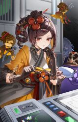  1girl 2others among_us black_gloves blonde_hair brown_hair chevreuse_(genshin_impact) chevreuse_(genshin_impact)_(cosplay) chiori_(genshin_impact) cosplay crewmate_(among_us) drill_hair drill_ponytail genshin_impact gloves hair_ornament hairpin hand_up highres impostor_(among_us) indoors japanese_clothes kamisato_ayato kamisato_ayato_(cosplay) kimono looking_at_viewer medium_hair multiple_others obi parted_lips promotional_art red_eyes rity sash short_sleeves side_ponytail tamoto_(genshin_impact) vision_(genshin_impact) 