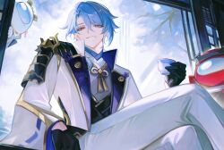  1girl 2boys absurdres aegyo_sal agemaki_knot among_us archieloras armor asymmetrical_armor asymmetrical_hair black_armor black_gloves black_headband black_vest blue_hair closed_mouth colored_lapels commentary crewmate_(among_us) crossed_legs crossover cup curtained_hair english_commentary fake_horns genshin_impact gloves hair_between_eyes hair_over_shoulder half_gloves headband highres holding holding_cup horned_headwear horns jacket japanese_armor kamisato_ayaka kamisato_ayato lapels long_sleeves looking_at_viewer male_focus medium_hair mole mole_under_mouth multiple_boys parted_bangs popped_collar purple_shirt red_(among_us) ribbon-trimmed_sleeves ribbon_trim shirt shoulder_armor single_sode sitting smile sode tassel thoma_(genshin_impact) vest violet_eyes white_(among_us) white_jacket wide_sleeves 