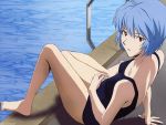  artist_request ayanami_rei blue_hair highres looking_back neon_genesis_evangelion one-piece_swimsuit pool poolside red_eyes school_swimsuit short_hair sitting swimsuit 