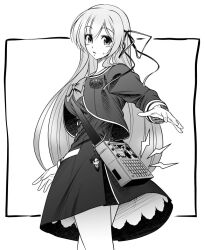  1girl :o bare_legs blush breasts buttons chaos;child character_pendant chest_bow chibi chibi_inset cropped_jacket crossover dress dress_vest eibon greyscale hair_ribbon hekiho_academy_school_uniform kurusu_nono long_hair long_sleeves looking_at_viewer looking_back medium_breasts miniskirt miyashiro_takuru monochrome nervous_sweating occultic;nine open_mouth petticoat radio ribbon school_emblem school_uniform science_adventure skirt solo standing sweat thighs tongue upskirt white_trim 