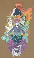  1girl 4boys absurdres armlet black_mage_raith blonde_hair blue_mage_saris book cape commentary_request glasses green_eyes green_mage_arnald highres holding holding_book jewelry monster_strike multiple_boys red_mage_marlick sidelocks simple_background smile takeuchi_ryousuke twintails white_mage_christel yellow_eyes 