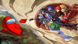  1other 2boys among_us black_(among_us) black_jacket blue_(among_us) blue_hair commentary crewmate_(among_us) diluc_(genshin_impact) english_commentary fine_art_parody full_body genshin_impact green_(among_us) halo highres jacket kaeya_(genshin_impact) looking_at_another lying multiple_boys on_side outstretched_arms parody parted_lips red_(among_us) red_hair srro_yo the_creation_of_adam 