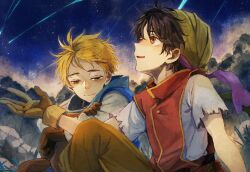  2boys bandana black_hair blonde_hair gensou_suikoden gensou_suikoden_i gloves highres light_smile looking_up multiple_boys natori_re outdoors outstretched_hand red_tunic short_hair sleeveless star_(sky) ted_(suikoden) tir_mcdohl tunic 