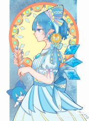  1girl absurdres back_bow blue_background blue_bow blue_brooch blue_dress blue_eyes blue_hair blue_headdress blue_wings bow character_doll chinese_text circle cirno closed_mouth commentary_request cowboy_shot crystal_earrings detached_wings doll dress earrings feathers from_side fumo_(doll) hair_bow highres holding holding_feather ice ice_wings jewelry pillarboxed pointy_ears profile puffy_short_sleeves puffy_sleeves short_hair short_sleeves solo touhou watermark wings xiaohongshu_watermark ym.521 