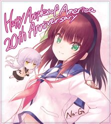  2girls absurdres angel angel_beats! angel_wings artist_name black_hairband black_skirt blunt_bangs blush bow chibi chibi_inset closed_mouth commentary dutch_angle english_commentary english_text eyelashes eyes_visible_through_hair floating_hair flying green_bow green_eyes grey_hair hair_bow hairband highres jacket jitome long_hair long_sleeves looking_at_viewer medium_hair miniskirt multiple_girls na-ga nakamura_yuri neckerchief official_art pink_background pink_neckerchief pleated_skirt ponytail red_hair school_uniform second-party_source shikishi shinda_sekai_sensen_uniform shirt short_ponytail sidelocks simple_background skirt smile solo_focus split_mouth tachibana_kanade two-tone_background upper_body white_background white_shirt wings yellow_eyes yellow_jacket 