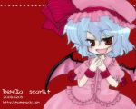  :d bangs bat_wings blue_hair blush bow character_name chibi demon_girl dress fang fingernails flat_chest frills hands_clasped hat lolita_fashion long_fingernails looking_at_viewer mame. naughty_face open_mouth red red_eyes remilia_scarlet short_hair simple_background smile solo striped touhou wallpaper wings wrist_cuffs 
