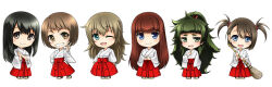  6+girls amane_yuki aqua_eyes black_hair blue_eyes blunt_bangs blush breasts broom brown_hair chibi child eibon flat_chest green_eyes green_hair grin hair_between_eyes hakama hakama_skirt high_ponytail hiyajou_maho holding holding_broom japanese_clothes kurushima_kaede large_breasts long_hair medium_breasts messy_hair miko multiple_girls nakase_katsumi official_alternate_hairstyle one_eye_closed open_mouth own_hands_together ponytail red_hakama science_adventure shiina_kagari short_hair short_twintails simple_background skirt small_breasts smile steins;gate steins;gate_0 tennouji_nae thick_eyebrows tongue twintails v very_long_hair white_background 