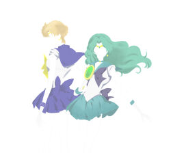  2girls aqua_hair aqua_sailor_collar aqua_skirt back_bow bishoujo_senshi_sailor_moon blonde_hair blue_bow blue_bowtie blue_sailor_collar blue_skirt bow bowtie circlet crescent crescent_earrings deep_aqua_mirror earrings faceless gloves gold_earrings highres jewelry long_hair magical_girl multiple_girls parted_hair sailor_collar sailor_neptune sailor_senshi_uniform sailor_uranus short_hair silhouette skirt user_dagk4273 wavy_hair white_gloves yellow_bow yellow_bowtie 