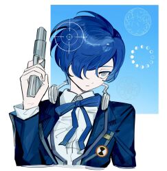  1boy black_jacket blazer blue_hair blue_theme collared_shirt cropped_torso evoker gekkoukan_high_school_uniform grey_eyes gun hair_over_one_eye headphones headphones_around_neck highres holding holding_gun holding_weapon jacket long_sleeves male_focus morning_(d0nteat) neck_ribbon persona persona_3 ribbon school_uniform shirt short_hair solo target weapon white_shirt yuuki_makoto_(persona_3) 
